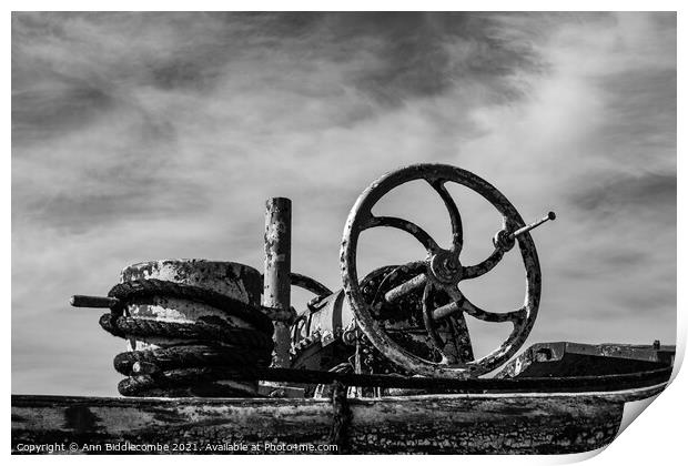 An old barge anchor winch in monochrome Print by Ann Biddlecombe