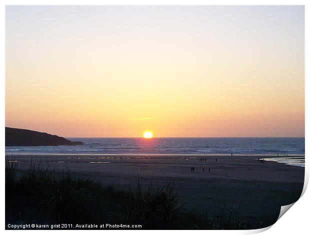 Sunset over Crantock Bay, Cornwall Print by karen grist