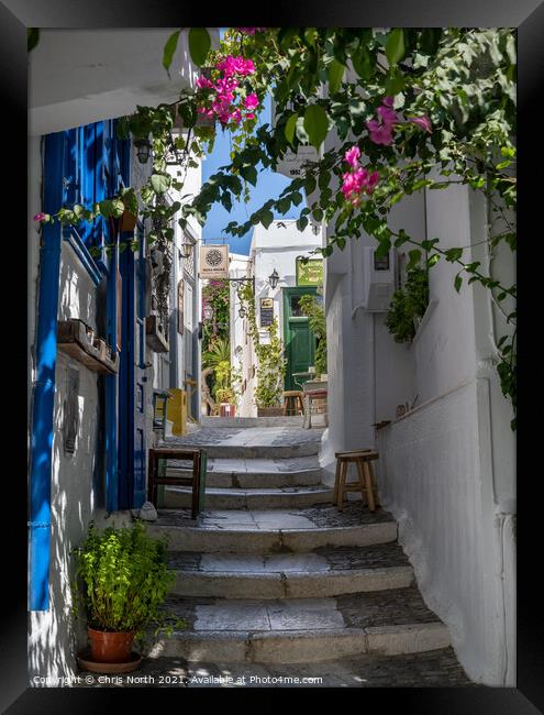 Backsreet of Ano Syros, Greek islands. Framed Print by Chris North
