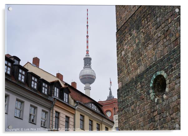 Berlin TV Tower on a cloudy day seen from Nikolaikirche Church Acrylic by Luis Pina