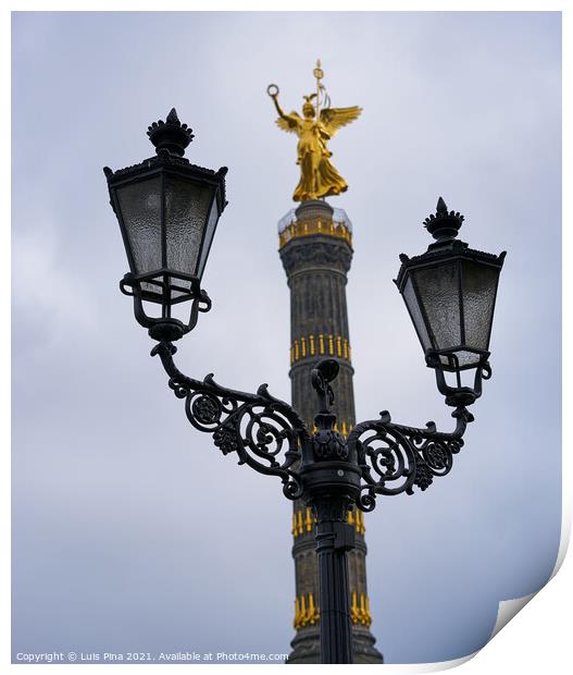 Victory Column Siegessäule in Berlin behind street lamps Print by Luis Pina