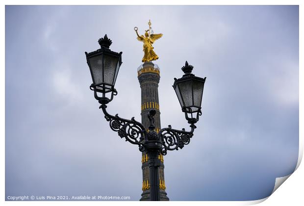 Victory Column Siegessäule in Berlin behind street lamps Print by Luis Pina