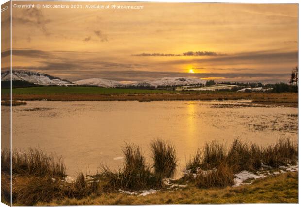 Winter Sunset Mynydd Illtud Pond Brecon Beacons Canvas Print by Nick Jenkins