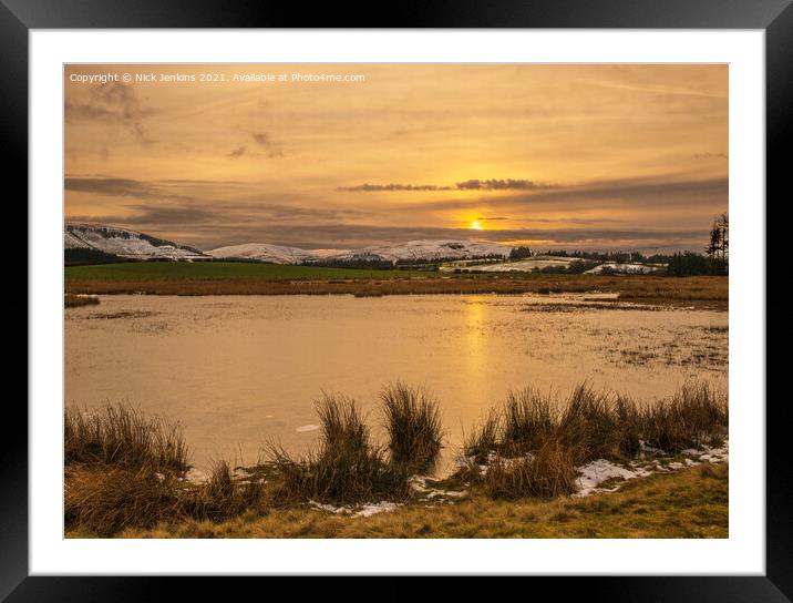 Winter Sunset Mynydd Illtud Pond Brecon Beacons Framed Mounted Print by Nick Jenkins