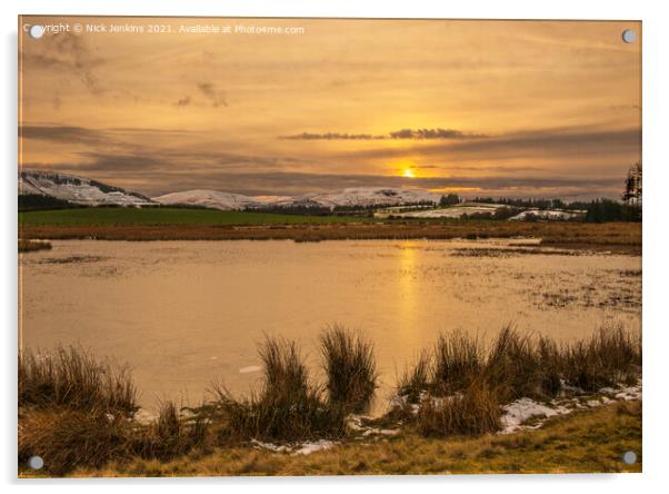 Winter Sunset Mynydd Illtud Pond Brecon Beacons Acrylic by Nick Jenkins