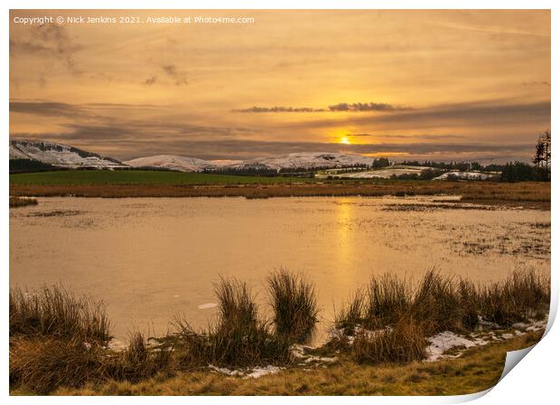 Winter Sunset Mynydd Illtud Pond Brecon Beacons Print by Nick Jenkins