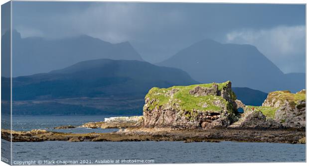 Stormy skies over Dunscaith Castle and Cuillin mountains, Skye Canvas Print by Photimageon UK