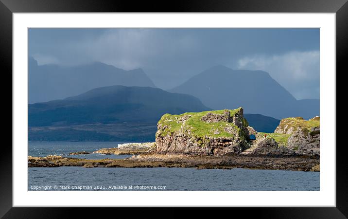 Stormy skies over Dunscaith Castle and Cuillin mountains, Skye Framed Mounted Print by Photimageon UK