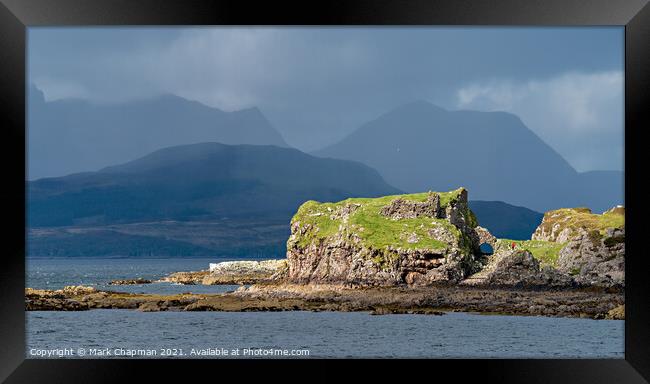 Stormy skies over Dunscaith Castle and Cuillin mountains, Skye Framed Print by Photimageon UK