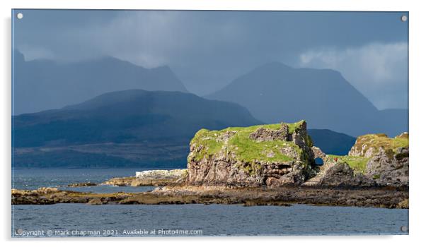 Stormy skies over Dunscaith Castle and Cuillin mountains, Skye Acrylic by Photimageon UK