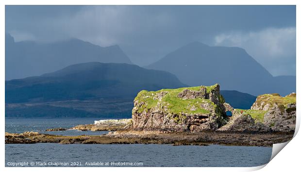 Stormy skies over Dunscaith Castle and Cuillin mountains, Skye Print by Photimageon UK