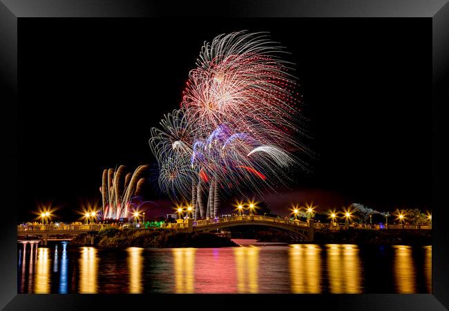 Fireworks over the Venetian Bridge Framed Print by Roger Green