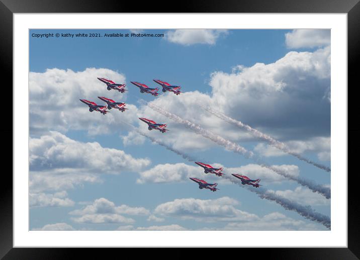 Red arrows in a cornish sky,smoke trails,   Framed Mounted Print by kathy white