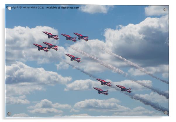 Red arrows in a cornish sky,smoke trails,   Acrylic by kathy white