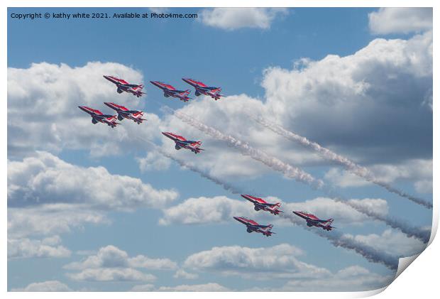 Red arrows in a cornish sky,smoke trails,   Print by kathy white