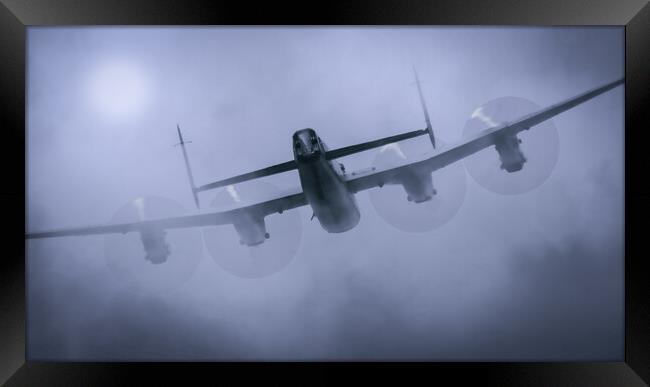 Lancaster Bomber Through The Clouds Framed Print by J Biggadike