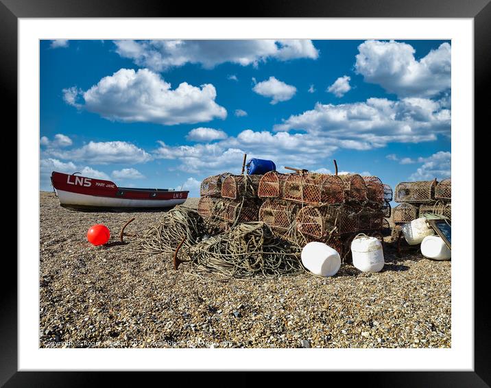 Fishing Gear and Boat on the Norfolk Shore Framed Mounted Print by Roger Mechan