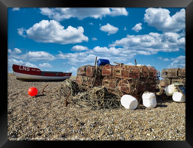Fishing Gear and Boat on the Norfolk Shore Framed Print by Roger Mechan
