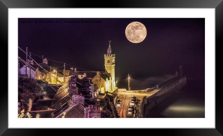 Porthleven Harbour Cornwall full moon Framed Mounted Print by kathy white