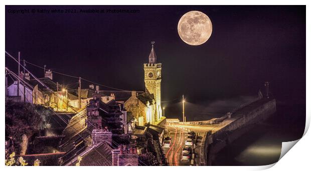 Porthleven Harbour Cornwall full moon Print by kathy white