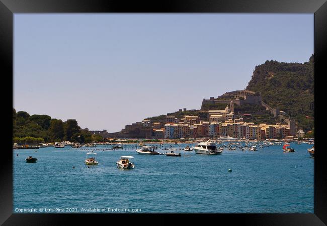 View of the beach and boats in Portovenere in Italy Framed Print by Luis Pina