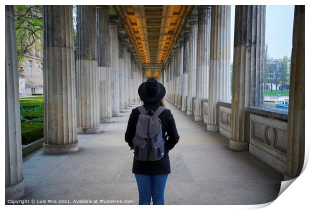Woman on the middle of the Columns at Alte Nationalsgalerie museum in Berlin Print by Luis Pina
