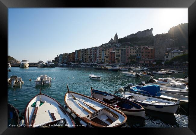 View of the beach and boats in Portovenere in Italy Framed Print by Luis Pina
