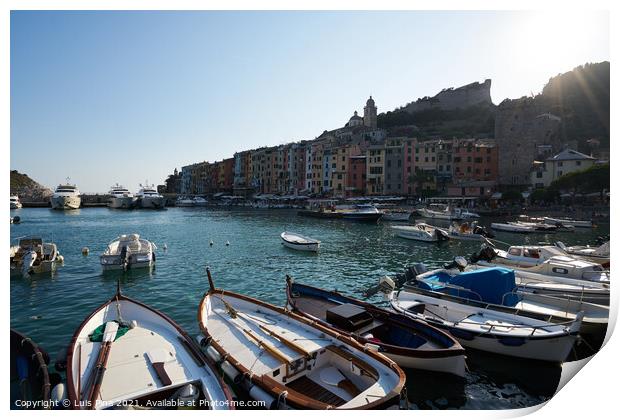 View of the beach and boats in Portovenere in Italy Print by Luis Pina