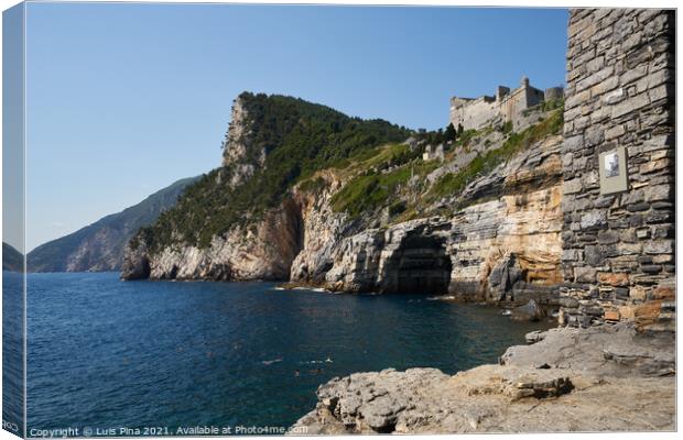 View of Saint Peter Church to Grotta di Lord Byron Cave in Portovenere Canvas Print by Luis Pina