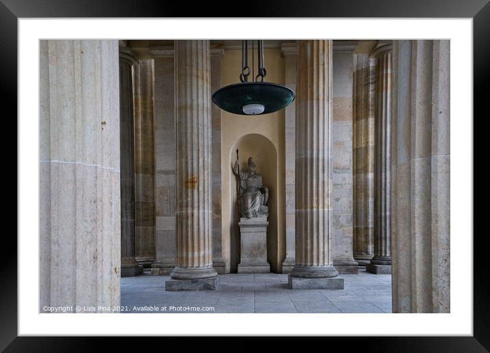 Statue of Pallas Athena holding a spear inside the Brandenburg Gate or Brandenburger Tor Framed Mounted Print by Luis Pina