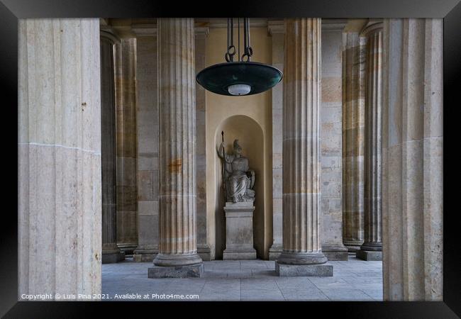 Statue of Pallas Athena holding a spear inside the Brandenburg Gate or Brandenburger Tor Framed Print by Luis Pina