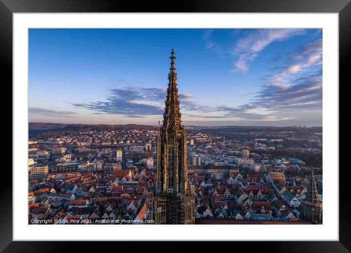 Aerial shot taken with a drone of Ulm Minster at sunrise, in Germany Framed Mounted Print by Luis Pina