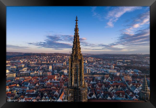 Aerial shot taken with a drone of Ulm Minster at sunrise, in Germany Framed Print by Luis Pina
