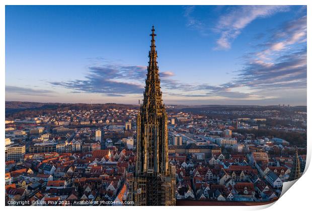 Aerial shot taken with a drone of Ulm Minster at sunrise, in Germany Print by Luis Pina