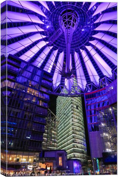Sony Center in Berlin at night with purple lights on the ceiling Canvas Print by Luis Pina
