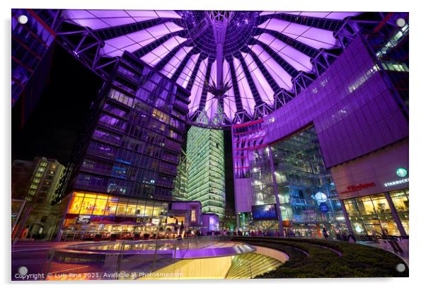Sony Center in Berlin at night with purple lights on the ceiling Acrylic by Luis Pina
