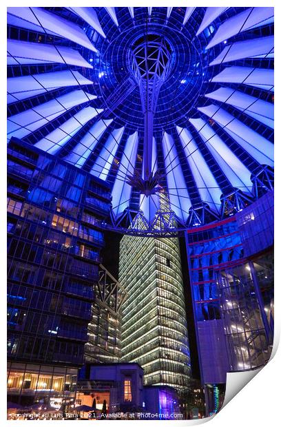 Sony Center in Berlin at night with purple lights on the ceiling Print by Luis Pina
