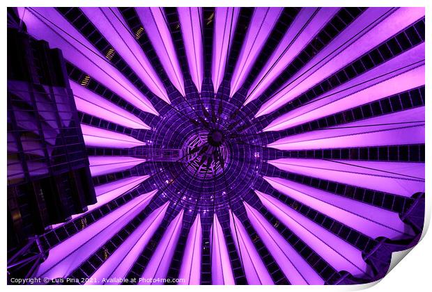 Sony Center in Berlin at night with purple lights on the ceiling Print by Luis Pina