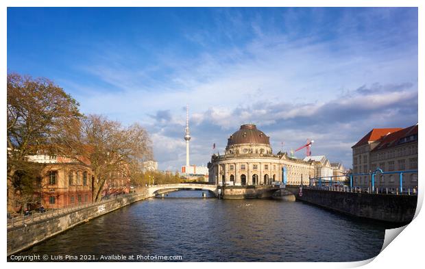 View of Bode Museum and Berlin TV Tower from Eberbruecke bridge in Berlin at sunset Print by Luis Pina
