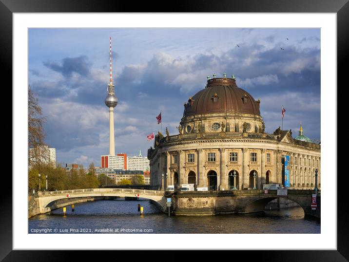 View of Bode Museum and Berlin TV Tower from Eberbruecke bridge in Berlin at sunset Framed Mounted Print by Luis Pina