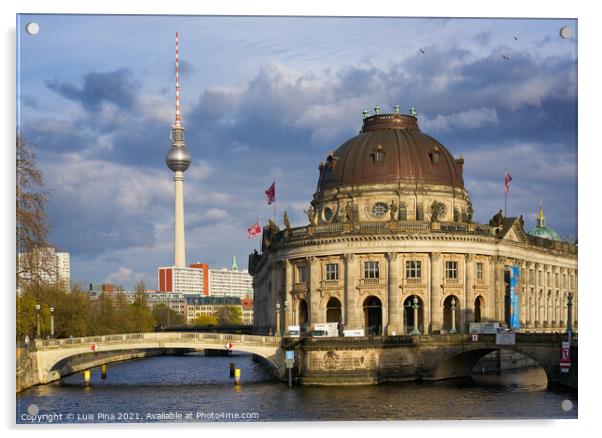View of Bode Museum and Berlin TV Tower from Eberbruecke bridge in Berlin at sunset Acrylic by Luis Pina