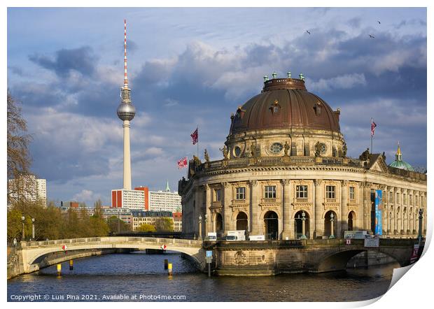 View of Bode Museum and Berlin TV Tower from Eberbruecke bridge in Berlin at sunset Print by Luis Pina