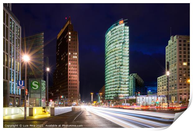 Potsdamerplatz plaza in Berlin at night with light trails Print by Luis Pina