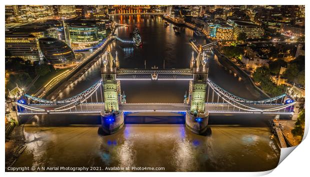 Tower Bridge at night Print by A N Aerial Photography