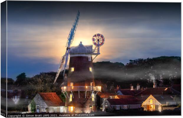 Cley windmill twilight with full moon in Norfolk Canvas Print by Simon Bratt LRPS