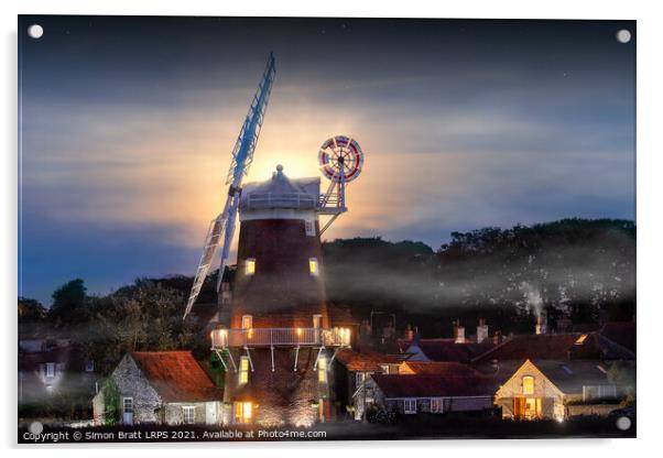 Cley windmill twilight with full moon in Norfolk Acrylic by Simon Bratt LRPS