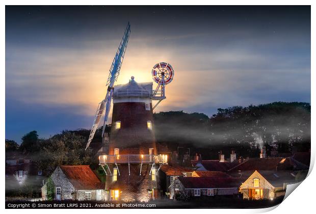 Cley windmill twilight with full moon in Norfolk Print by Simon Bratt LRPS