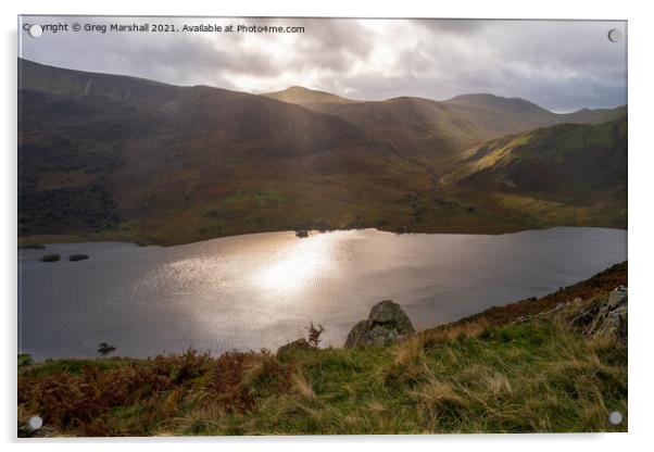 Sun breaks over icy looking Crummock Water from Rannerdale Knotts Acrylic by Greg Marshall