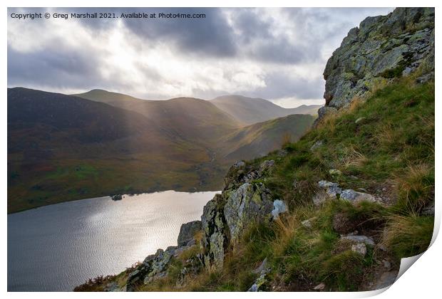 From crags overlooking Crummock Water from Rannerdale Knotts Print by Greg Marshall