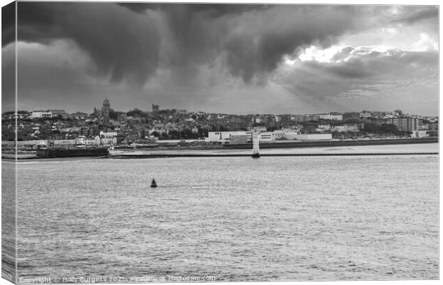Black and white leaving Liverpool the light house on the end of the dockland Canvas Print by Holly Burgess